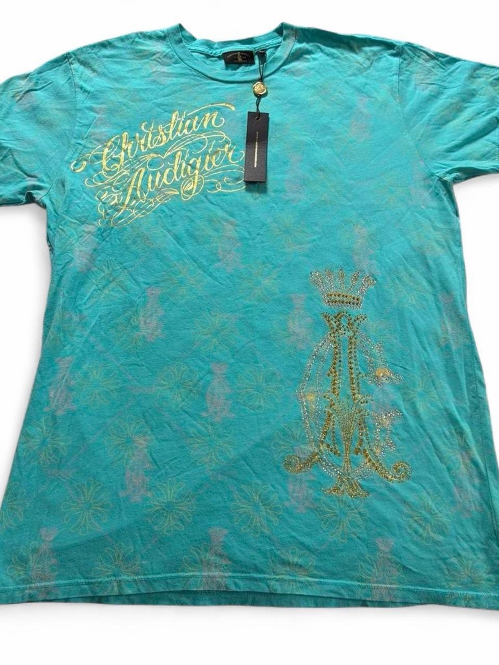 NWT Christian Audigier Turquoise Short Sleeve Tee with Gold Script & Crest